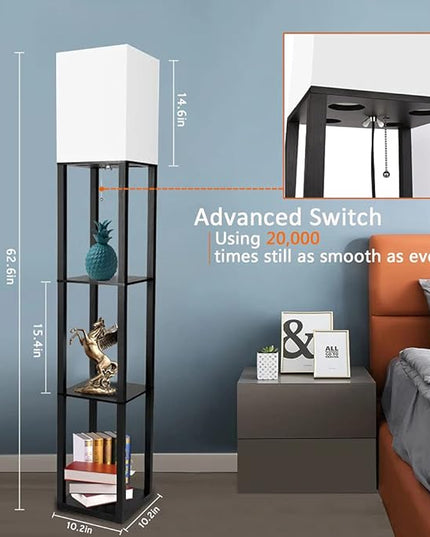 Floor Lamp with Shelves, Modern Standing Shelf Lamp with 3 CCT LED Bulb and White Shade for Living Room Bedroom and Office-Black - LeafyLoom