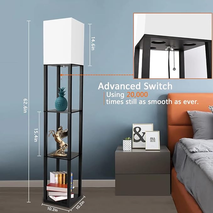 Floor Lamp with Shelves, Modern Standing Shelf Lamp with 3 CCT LED Bulb and White Shade for Living Room Bedroom and Office-Black - LeafyLoom