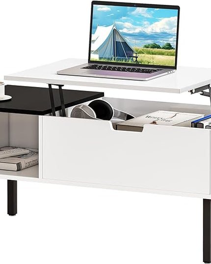 Lift Top Coffee Table with Storage, Black and White Modern Coffee Table for Living Room & Small Space, Wood Lifting Top Coffee Table with Adjustable Metal Legs, Open Shelf - LeafyLoom
