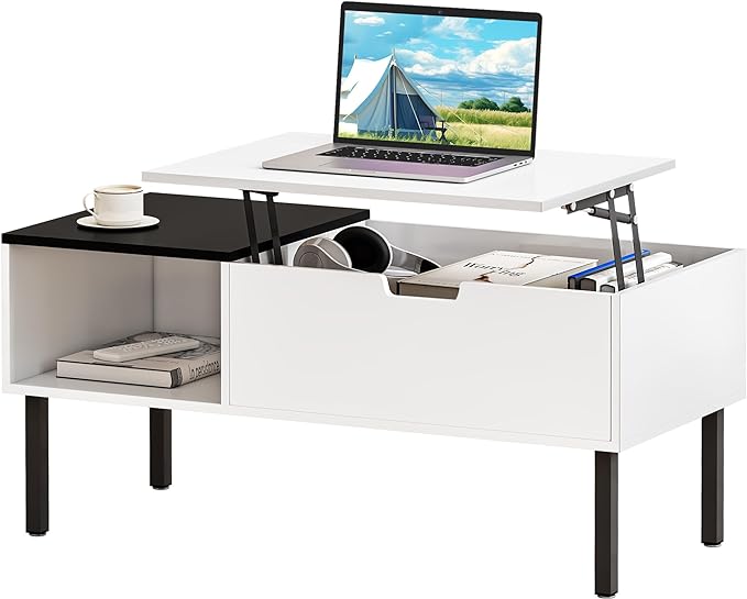 Lift Top Coffee Table with Storage, Black and White Modern Coffee Table for Living Room & Small Space, Wood Lifting Top Coffee Table with Adjustable Metal Legs, Open Shelf - LeafyLoom