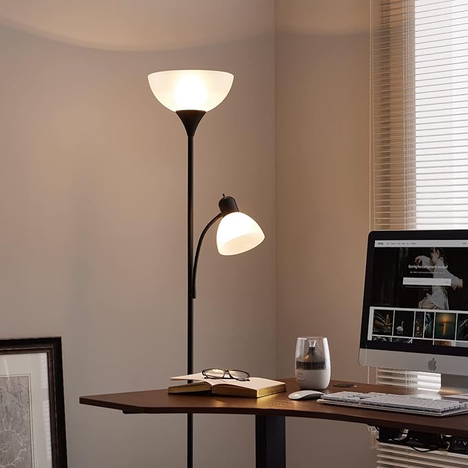 Adjustable Black Floor Lamp with Reading Light Susan Modern Standing Lamp for Living Room/Office Lamp 72" Tall - 150-watt with Side Reading Light Corner Lamp (Black) - LeafyLoom