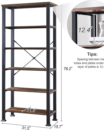 HOMBAZAAR Bookshelf, 6-Tier Vintage Industrial Book Shelf, Rustic Wood and Metal Bookcase and Bookshelves, Free Standing Storage Large Bookshelf for Living Room, Bedroom and Kitchen, Brown - LeafyLoom