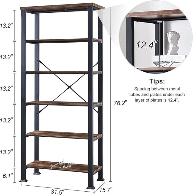HOMBAZAAR Bookshelf, 6-Tier Vintage Industrial Book Shelf, Rustic Wood and Metal Bookcase and Bookshelves, Free Standing Storage Large Bookshelf for Living Room, Bedroom and Kitchen, Brown - LeafyLoom