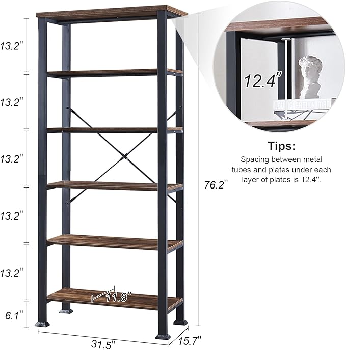 HOMBAZAAR Bookshelf, 6-Tier Vintage Industrial Book Shelf, Rustic Wood and Metal Bookcase and Bookshelves, Free Standing Storage Large Bookshelf for Living Room, Bedroom and Kitchen, Brown - LeafyLoom