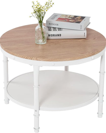 VINGLI 25.6" Natural White Round Farmhouse Coffee Table, 2-Tier Storage Wood Center Circle Accent Table for Living Room, Bedroom, Apartment, Studio and Small Spaces, Sturdy Metal Frame, Natural Color - LeafyLoom