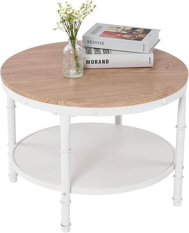 VINGLI 25.6" Natural White Round Farmhouse Coffee Table, 2-Tier Storage Wood Center Circle Accent Table for Living Room, Bedroom, Apartment, Studio and Small Spaces, Sturdy Metal Frame, Natural Color - LeafyLoom