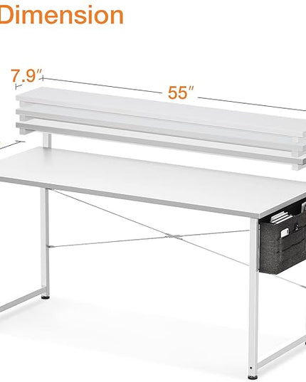 ODK Computer Desk with Adjustable Monitor Shelves, 55 inch Home Office Desk with Monitor Stand, Writing Desk, Study Workstation with 3 Heights (10cm, 13cm, 16cm), White + White leg - LeafyLoom