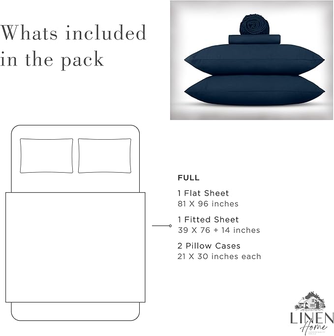 Linen Home Washed Cotton Percale Full Sheet Set, Navy Blue, Deep Pocket, 4 Pieces Bed Sheets - 1 Flat Sheet, 1 Fitted Sheet & 2 Envelope Closure Pillowcases, Cool and Comfortable Bed Linen - LeafyLoom
