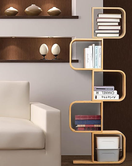 5-Tier S-Shaped Geometric Modern Bamboo Bookshelf, Large Capacity Creative Display Curved Rack Free-standing Bedside Table 2 in 1 Bookcase Storage CDs, DVDs Book Shelf for Home, Office, Living Room - LeafyLoom