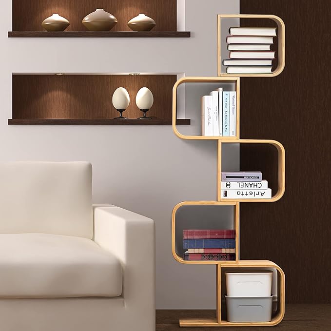 5-Tier S-Shaped Geometric Modern Bamboo Bookshelf, Large Capacity Creative Display Curved Rack Free-standing Bedside Table 2 in 1 Bookcase Storage CDs, DVDs Book Shelf for Home, Office, Living Room - LeafyLoom