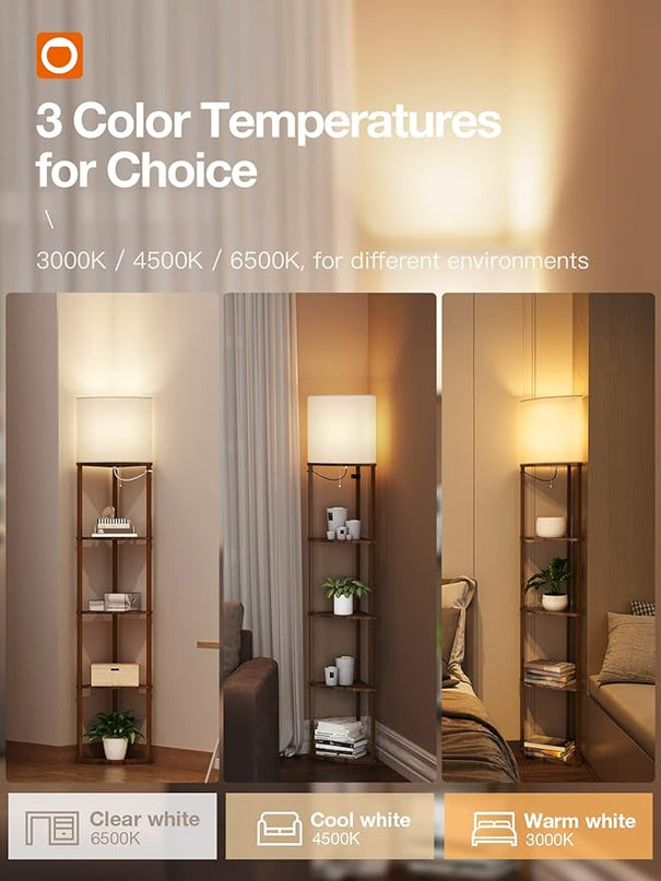 addlon Corner Lamps 5-Tier Shelf Floor Lamp Display with 3 Color Temperatures LED Bulb and Linen Lamp Shade, Shelves for Living Room, Bedroom and Office - Vintage - LeafyLoom