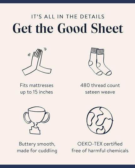Brooklinen Luxury Sateen 4 Piece Sheet Set - 100% Cotton, Queen Size in Window Pane - 1 Fitted Sheet, 1 Flat Sheet, 2 Pillowcases | Best Luxury Sheets - LeafyLoom