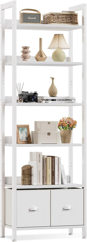 Furologee White 6 Tier Bookshelf with Drawers, Tall 71" Bookcase with Shelves, Modern Wood and Metal Book Shelf Storage Organizer, Display Free Standing Shelf Unit for Bedroom, Living Room, Office - LeafyLoom