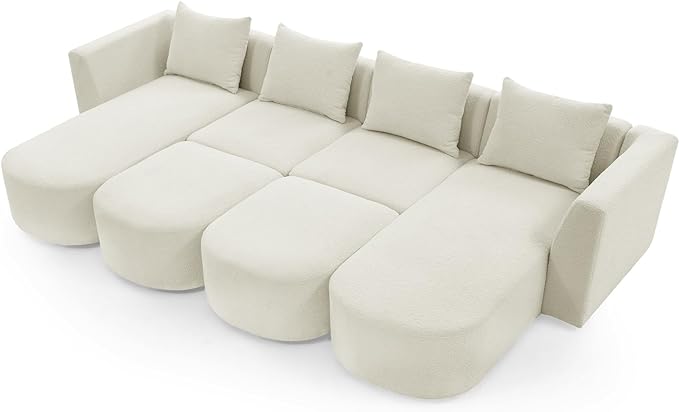U Shape Sectional Sofa Chaises and Two Removable Ottoman, Upholstered Modular Couch w/Pillows for for Living Room, Office, DIY Combination, Beige, 117" - LeafyLoom