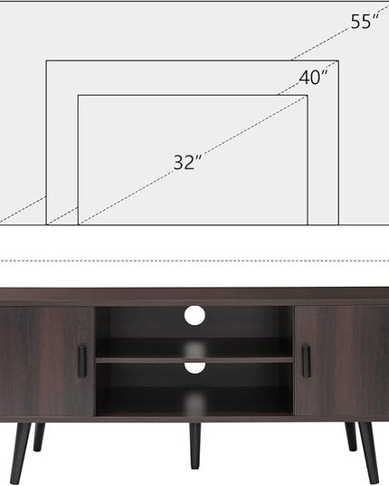 Iwell TV Stand for 55 inch TV, Mid Century Modern TV Stand with Storage, Entertainment Center with 2 Cabinet & 2 Shelves, Retro TV Console Table for Living Room, Bedroom, Black Oak - LeafyLoom