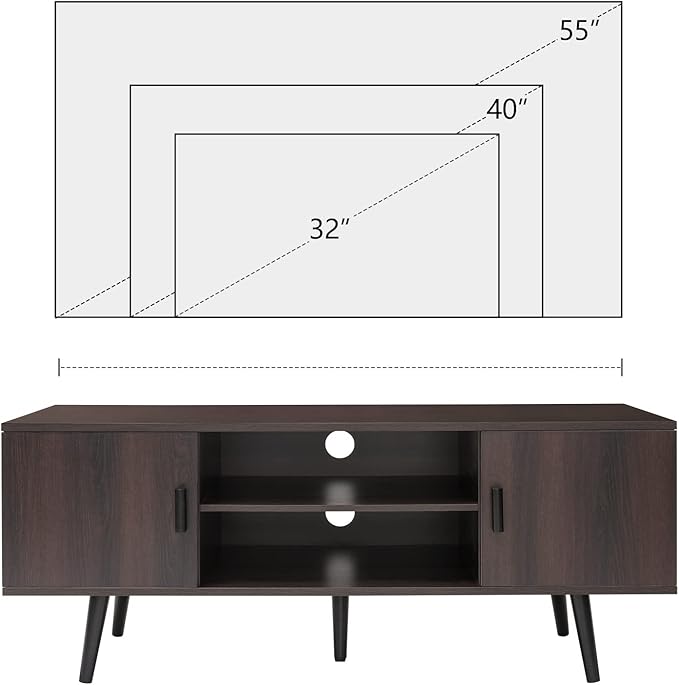 Iwell TV Stand for 55 inch TV, Mid Century Modern TV Stand with Storage, Entertainment Center with 2 Cabinet & 2 Shelves, Retro TV Console Table for Living Room, Bedroom, Black Oak - LeafyLoom