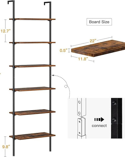 ODK 6-Tier Ladder Shelf, 87 Inches Wall Mounted Ladder Bookshelf with Metal Frame, Open Industrial Shelves for Home Office, Bedroom and Living Room, Rustic Brown - LeafyLoom