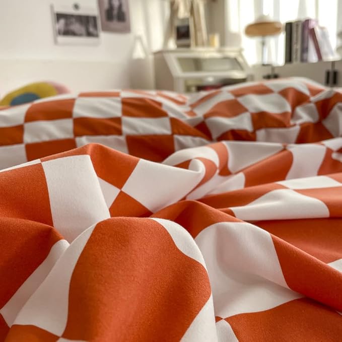 Wellboo Orange White Plaid Comforter Sets Twin Women Girls Light Red Checkerboard Bedding Comforters Cotton Rust Caramel and White Checkered Geometric Quilts Adults Modern Grid Abstract Simple Bed - LeafyLoom