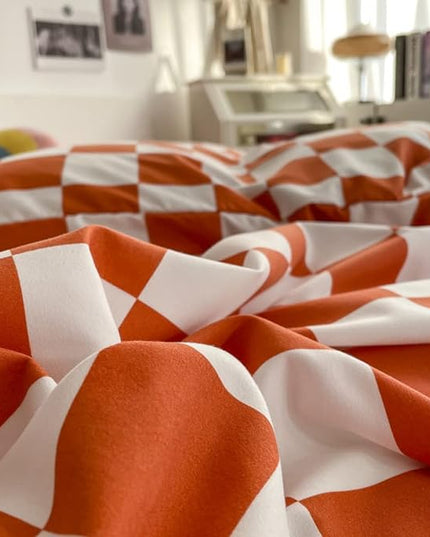 Wellboo Orange White Plaid Comforter Sets Queen Women Girls Light Red Checkerboard Bedding Comforters Cotton Rust Caramel and White Checkered Geometric Quilts Adults Modern Grid Abstract Simple Bed - LeafyLoom