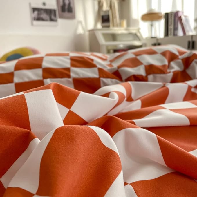 Wellboo Orange White Plaid Comforter Sets Queen Women Girls Light Red Checkerboard Bedding Comforters Cotton Rust Caramel and White Checkered Geometric Quilts Adults Modern Grid Abstract Simple Bed - LeafyLoom