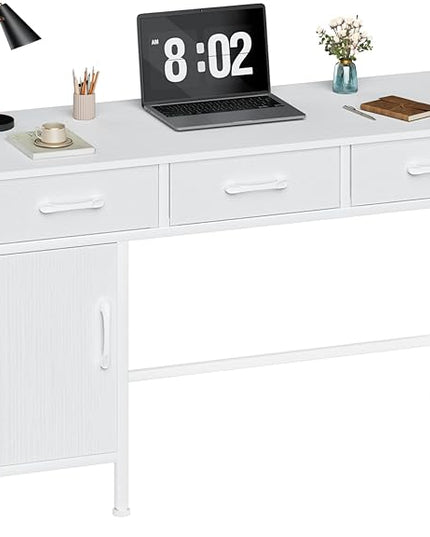 White Desk with Storage Cabinet and 3 Fabric Drawers, 47 Inch Home Office Desk for Writing Study Gaming, Computer Table with Storage Space, Modern Vanity Desk for Bedroom - LeafyLoom