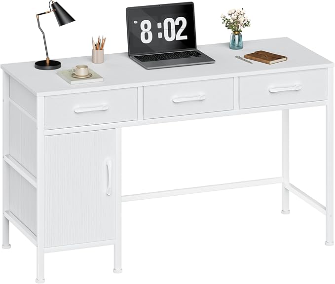 White Desk with Storage Cabinet and 3 Fabric Drawers, 47 Inch Home Office Desk for Writing Study Gaming, Computer Table with Storage Space, Modern Vanity Desk for Bedroom - LeafyLoom