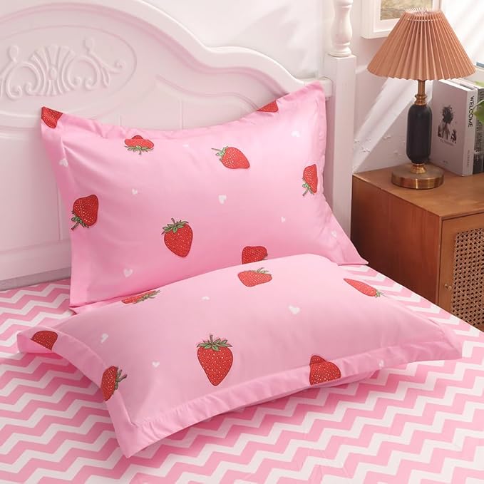 Strawberry Comforter Bedding Set Twin Size for Girls 7 Piece Pink Kawaii Comforter Set Bed in A Bag for Kids Teens All Season (1 Comforter,1 Flat Sheet,1 Fitted Sheet and 4 Pillow Sham) - LeafyLoom