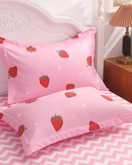 Strawberry Comforter Bedding Set Full Size for Girls 7 Piece Pink Kawaii Comforter Set Bed in A Bag for Kids Teens All Season (1 Comforter,1 Flat Sheet,1 Fitted Sheet and 4 Pillow Sham) - LeafyLoom