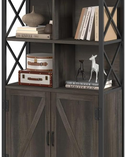 FATORRI Bookshelf with Doors, Rustic Wood Bookcase with Cabinet, Industrial Tall Cubby Book Shelf and Cube Organizer Shelf for Living Room (Walnut Brown) - LeafyLoom