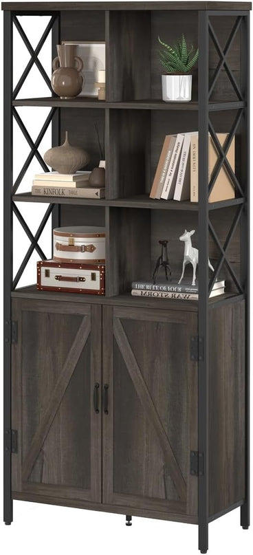 FATORRI Bookshelf with Doors, Rustic Wood Bookcase with Cabinet, Industrial Tall Cubby Book Shelf and Cube Organizer Shelf for Living Room (Walnut Brown) - LeafyLoom