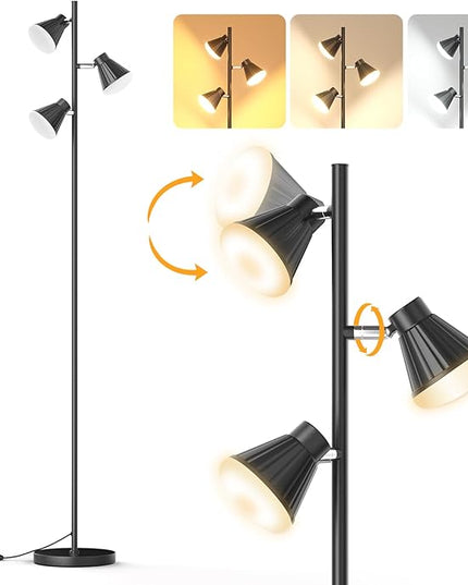 36W Integrated LED Tree Floor Lamp, Rotatable Modern 3 Light Standing Lamp with Foot Switch, Bright Reading Tall Lamp with 3 Color Temperatures, Black Stand up Lamp for Living Room, Bedroom, Office - LeafyLoom