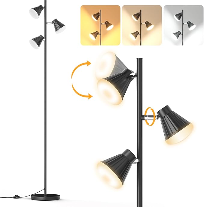 36W Integrated LED Tree Floor Lamp, Rotatable Modern 3 Light Standing Lamp with Foot Switch, Bright Reading Tall Lamp with 3 Color Temperatures, Black Stand up Lamp for Living Room, Bedroom, Office - LeafyLoom