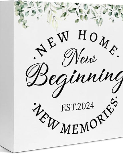 Creoate Housewarming Gifts New Home Decor New Home New Memories Wooden Box Sign Rustic Housewarming White Block Sign Home Décor Accents Living Room Shelf Desk Decoration 5.9 x 5.9 Inches Gift (White) - LeafyLoom