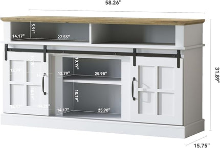 TV Stand with 2 Sliding Barn Doors, 58 Inch TV Stand with Storage Cabinet and Shelves, Television Stands with Storage for Living Room, Bedroom, White - LeafyLoom