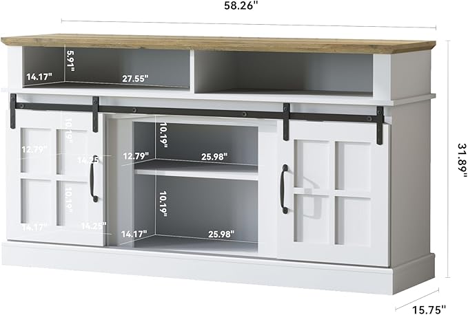 TV Stand with 2 Sliding Barn Doors, 58 Inch TV Stand with Storage Cabinet and Shelves, Television Stands with Storage for Living Room, Bedroom, White - LeafyLoom