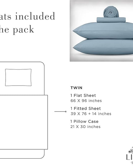 Linen Home Washed Cotton Percale Twin Sheet Set, Baby Blue, Deep Pocket, 3 Pieces Bed Sheets - 1 Flat Sheet, 1 Fitted Sheet & 1 Envelope Closure Pillowcase, Vintage Wash, Cool Preshrunk Bedsheet - LeafyLoom