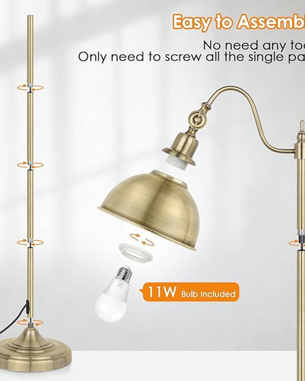 Mlambert Industrial Floor Lamp,63” LED Floor Lamp with LED Bulb,Adjustable Metal Head,Foot Switch,Tall Lamp for Livingroom,Bedroom,Corner Lamp- Brass - LeafyLoom