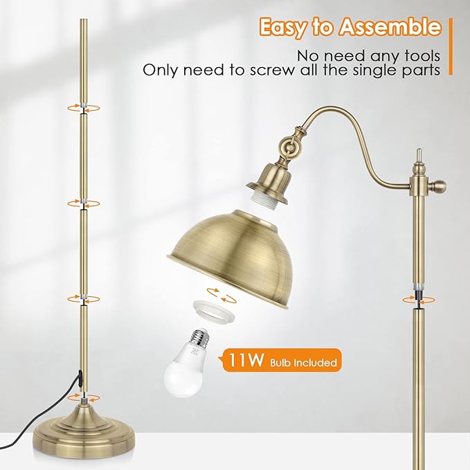 Mlambert Industrial Floor Lamp,63” LED Floor Lamp with LED Bulb,Adjustable Metal Head,Foot Switch,Tall Lamp for Livingroom,Bedroom,Corner Lamp- Brass - LeafyLoom