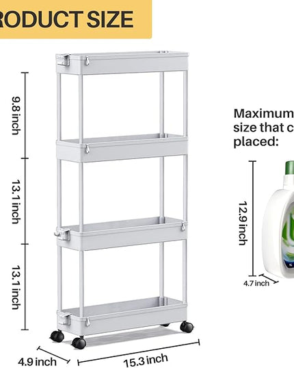 SPACEKEEPER Slim Rolling Storage Cart 4 Tier Bathroom Organizer Mobile Shelving Unit Storage Rolling Utility Cart Tower Rack for Kitchen Bathroom Laundry Narrow Places, Gray - LeafyLoom
