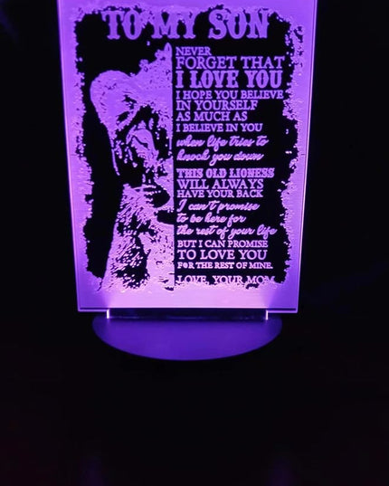 Dear Son 3D Illusion Lamp - 7 Colors Lion 3D Table Decoration Acrylic USB Lamp to My Son Arts Bedside Decors - Bedroom Decor Light Xmas New Year Birthday Gifts from Father Mother - LeafyLoom