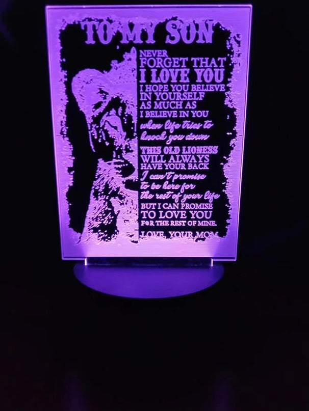 Dear Son 3D Illusion Lamp - 7 Colors Lion 3D Table Decoration Acrylic USB Lamp to My Son Arts Bedside Decors - Bedroom Decor Light Xmas New Year Birthday Gifts from Father Mother - LeafyLoom