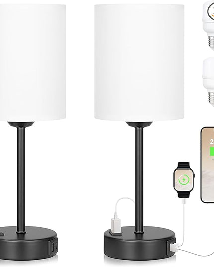 Innqoo White Touch Bedroom Lamps Set - 3 Way Dimmable Bedside Lamps with USB C and A Ports and Outlets, Nightstand Lamps with Black Base, Small Lamps for Nursery Office - LeafyLoom