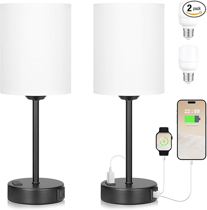 Innqoo White Touch Bedroom Lamps Set - 3 Way Dimmable Bedside Lamps with USB C and A Ports and Outlets, Nightstand Lamps with Black Base, Small Lamps for Nursery Office - LeafyLoom
