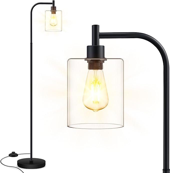 BoostArea Standing Lamp with Glass Shade, Modern Industrial Floor Lamp with Foot Switch, Bright 6W LED for Living Room and Bedroom - LeafyLoom