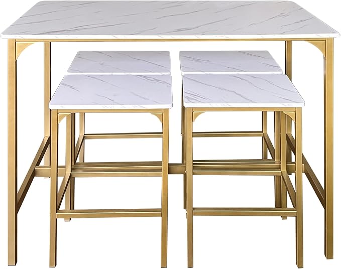 AT-VALY 5-Piece Bar Table Set with 4 Stools,Dining Room Table Set,Small Spaces (Gold & White) - LeafyLoom