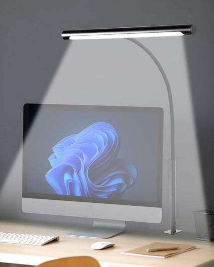 LED Desk Lamp for Home Office, Eye-Caring LED Desk Light Bar with Gooseneck, 12W Dimmable Overhead Light for Desk, Architect Clamp Lamp for Reading Study Workbench - LeafyLoom