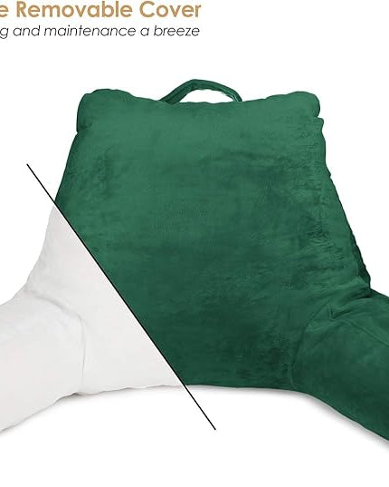 Clara Clark Reading Pillow, Standard Back Pillow for Sitting Up in Bed, Memory Foam Back Support Pillow, Reading Pillows for Sitting in Bed, Dark Green Sit Up Pillow for Bed, Arm Pillow with Pockets - LeafyLoom