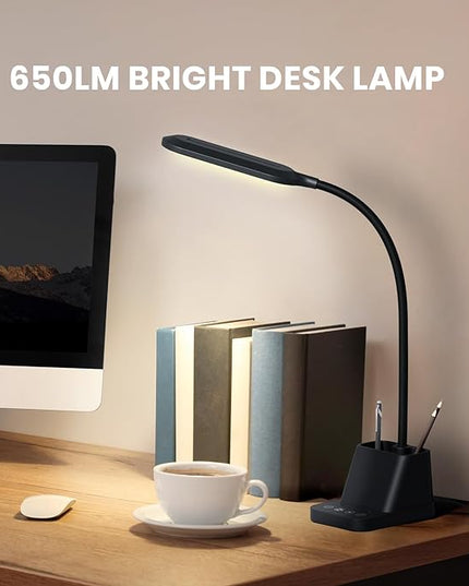 AXX LED Desk Lamp for Home Office, Small Desk Light for Bedrooms, Black Office Lamp for Small Spaces, USB Charging Port, 650LM, Gooseneck, Pen Holder, Study Lamps for College Dorm Room - LeafyLoom