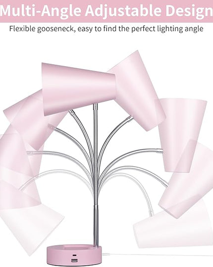 RUNTOP Pink Desk Lamp, Desk Lamps for Home Office, Desk Light for Kids, Desktop/Computer Study Lamps, Bedrooms Adjustable Gooseneck Reading Lamp with USB Port, 5 Brightness Levels, 5 Color Temperature - LeafyLoom