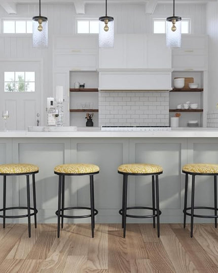 HomePop Upholstered Metal Barstool, Fabric Side Chairs for Dining Room, Kitchen and Living Room - Golden Yellow Print - LeafyLoom